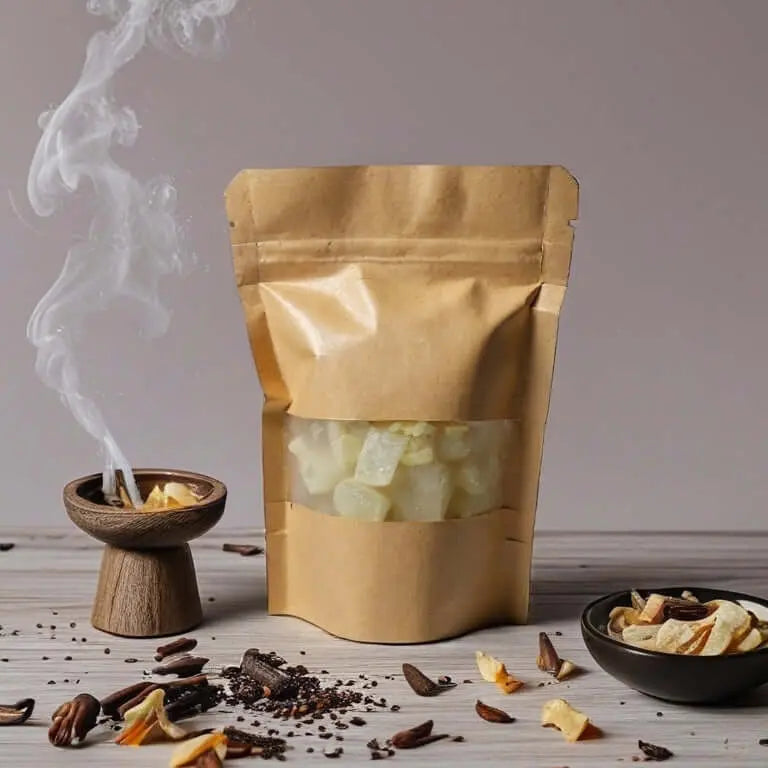 Kraft paper packaging with transparent window on a wooden surface with smoking bowl and snacks.