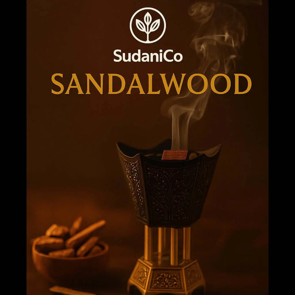 Sandalwood incense with a bowl of sandalwood pieces on a dark background, featuring the SudaniCo brand.