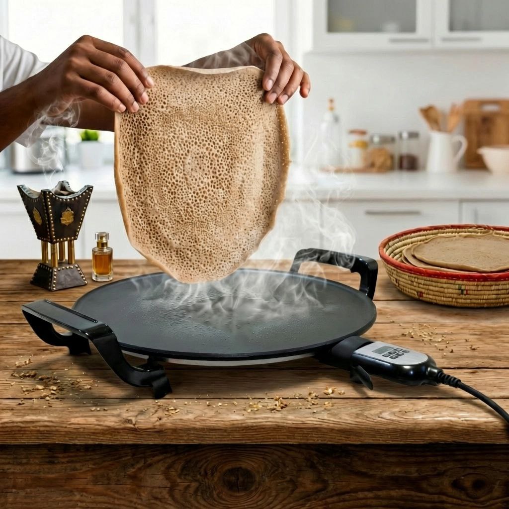 Person using a woven mat to clean an electric frying pan on a wooden surface.