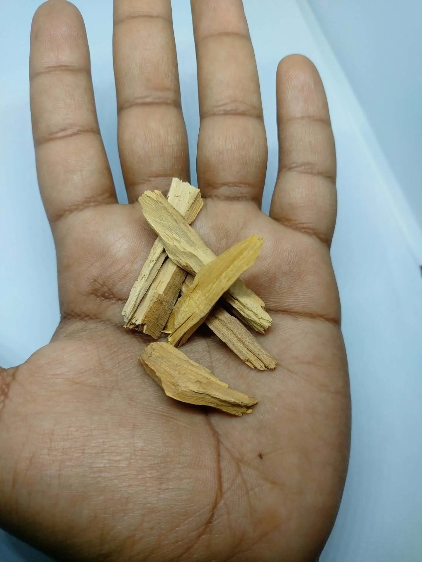 Hand holding a small pile of dried herbs against a light blue background