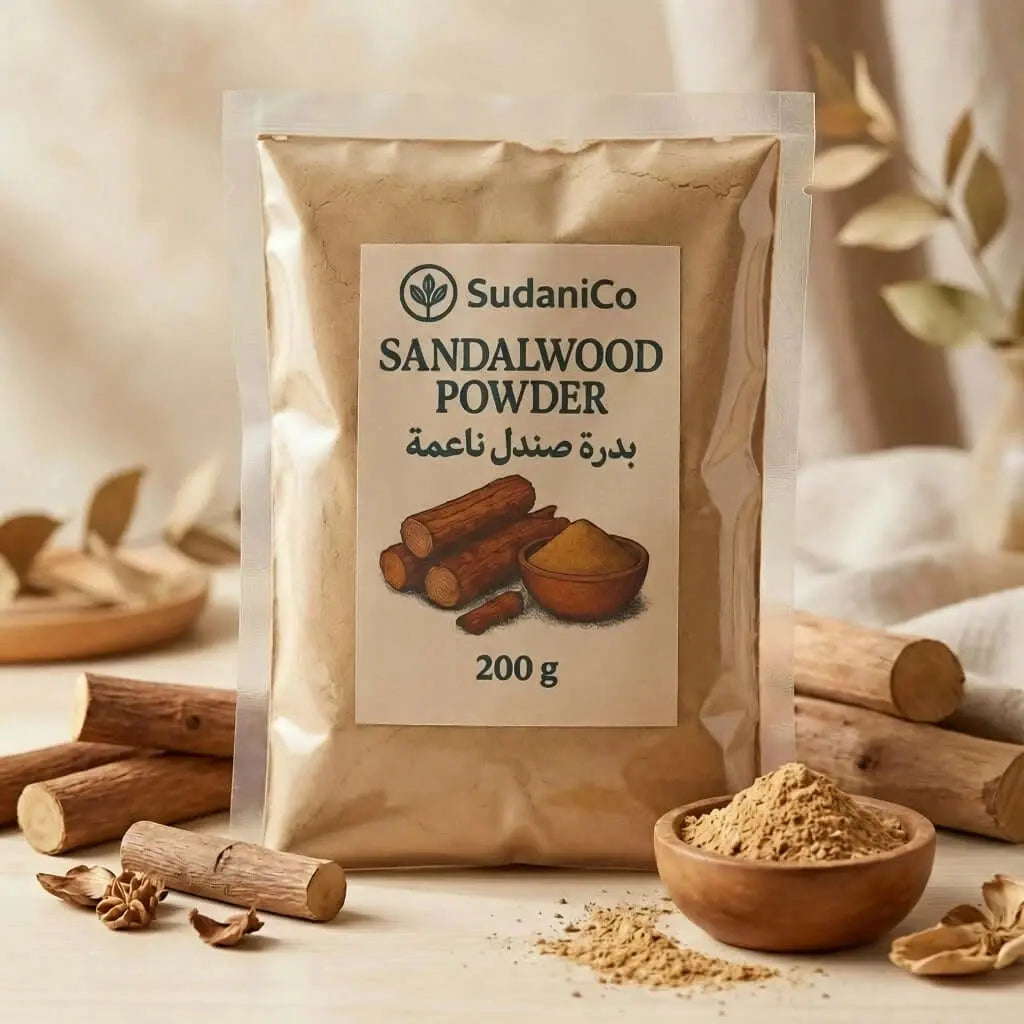 Aromatic Sandalwood Powder: Sudanese Bakhoor & Perfume Ingredient in packaging with sticks and powder.