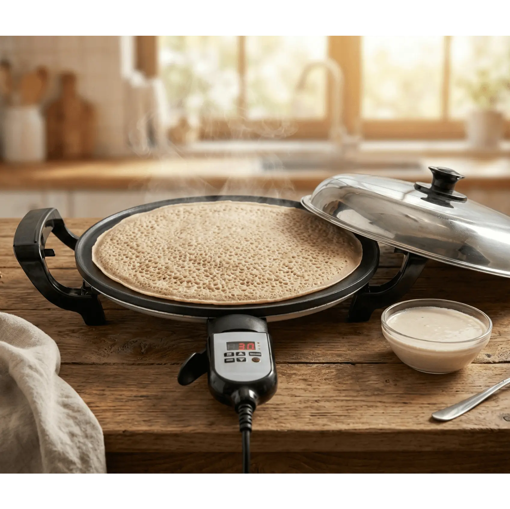 Electric griddle with a cooked flatbread on a wooden kitchen counter.