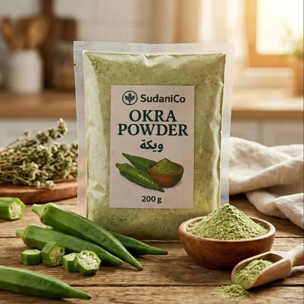 Okra Powder: Natural Thickening Agent - 200g packaging showing fine ground okra powder and fresh okra pods.